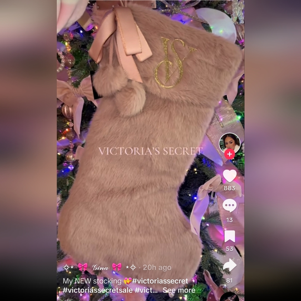 New Victoria’s Secret Plush Christmas Stocking Sexy Pink Pom Poms Faux Fur